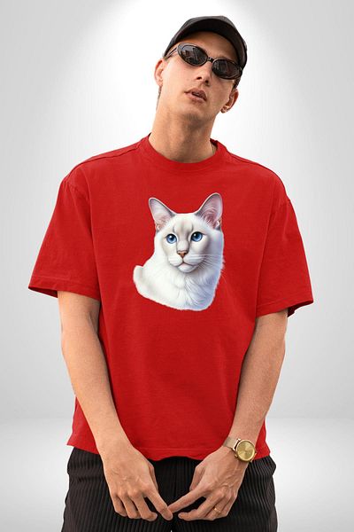 Angemiel تي شيرت Ragdoll Cat Red كبير الحجم للنساء والرجال مطبوع من الأمام