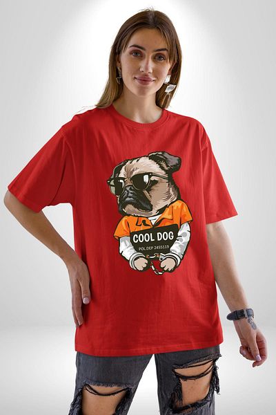 Angemiel Imprisoned but Cool Dog in Prison Style Red Oversize Women's Men's Front Printed T-Shirt