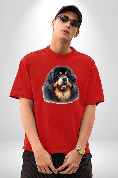 Angemiel Tibetan Mastiff Powerful Loyal Dog Red Oversize Women's Men's Front Printed T-Shirt