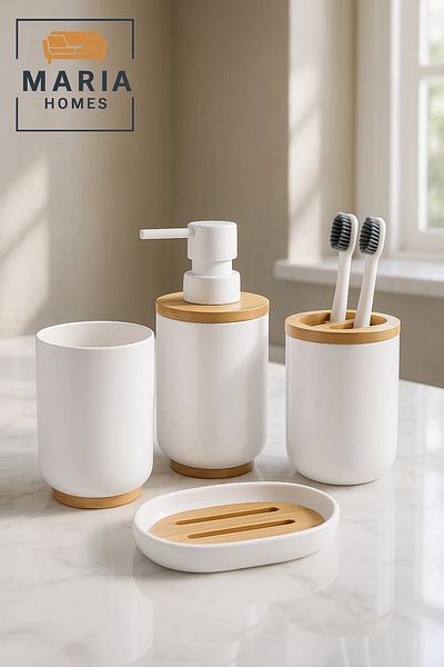 MARIA HOMES Modern White & Bamboo Bathroom Set – 4-Piece Soap Dispenser, Tumbler & Organizer