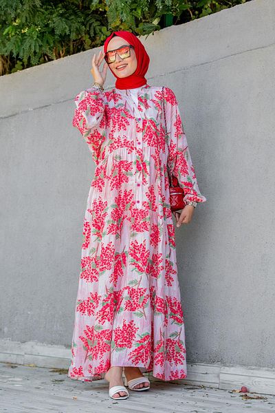 Tesettür Çarşım Cluster Pattern Modal Crepe Dress-Red