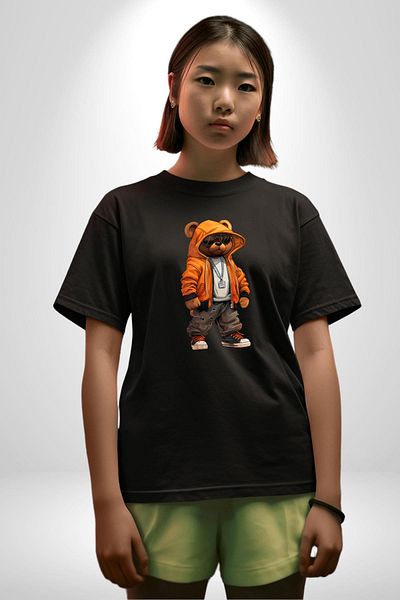 Angemiel Hip Hop Orange Hooded Urban Style Teddy Bear Black Oversize Women's Men's Front Printed T-Shirt