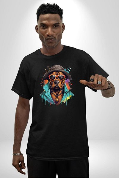 Angemiel  Style Pendant Cool Dog Black Oversize Women's Men's Front Printed T-Shirt