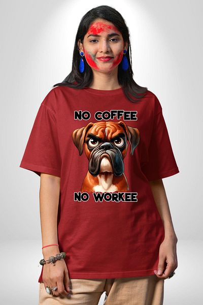 Angemiel Without Coffee I Work Coffee Love and Boxer Dog Red Oversize Women Men Front Printed T-Shirt