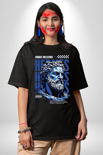 Angemiel Greek God Special Design Black Oversize Women's Men's Front Printed T-Shirt