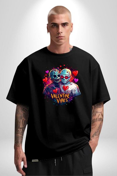 Angemiel Horror Movie Darkness Love Zombie Valentine's Day Black Oversize Women's Men's Front Printed T-Shirt