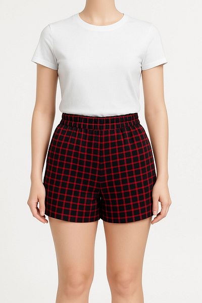 Kübra Tekstil Women's Black Red Plaid High Waist Elastic Relaxed Fit Summer Shorts – Casual, City and Vacation Style