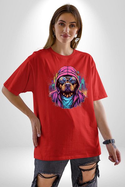 Angemiel Graffiti Street Art Dog Pattern Red Oversize Women's Men's Front Printed T-Shirt