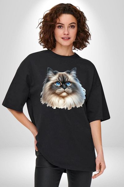 Angemiel Himalayan Cat Black Oversize Women's Men's Front Printed T-Shirt