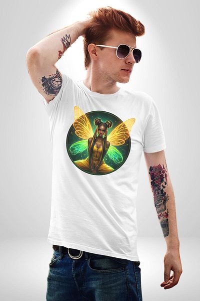 Angemiel Summer Neon Yellow-Green Women's Angel White Oversize Women's Men's Front Printed T-Shirt