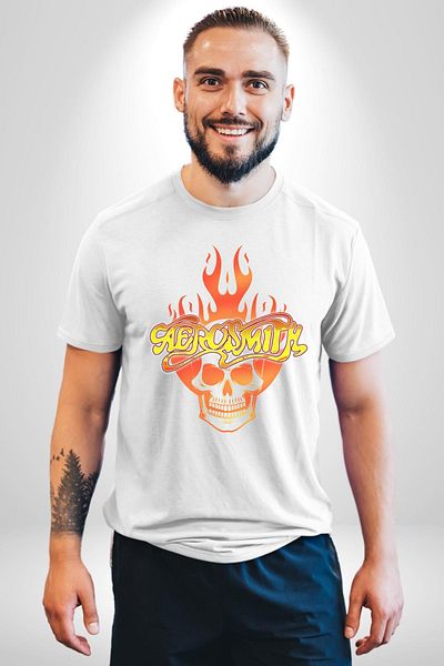Angemiel تي شيرت Aerosmith Fire Skull أبيض كبير الحجم للنساء والرجال مطبوع من الأمام