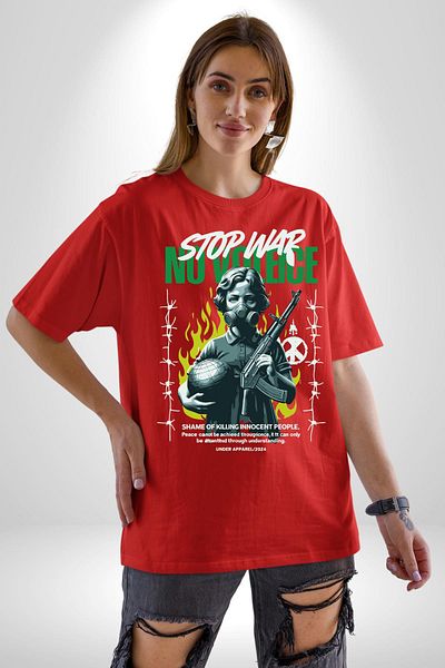 Angemiel Peace, Anti-Violence Special Design Red Oversize Women's Men's Front Printed T-Shirt