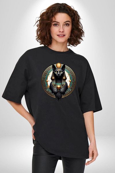 Angemiel Bastet Goddess Sacred Cat Ancient Egypt Black Oversize Women Men Front Printed T-Shirt
