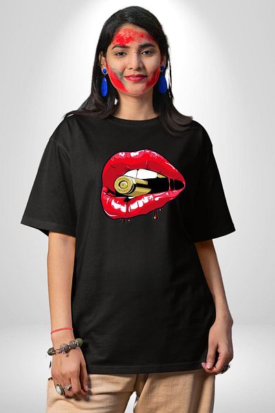 Angemiel Black Oversize Women's Men's Front Printed T-Shirt with Red Lips and Teeth Design