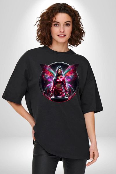 Angemiel Dj Butterfly New Generation Special Design Black Oversize Women's Men's Front Printed T-Shirt