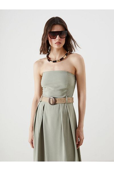 LC Waikiki Green Strapless Neckline Waist Belt Linen Blend Dress