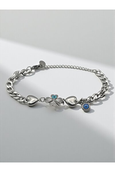 TAKI DERYASI Gümüş Renk Yonca Figürlü Nazar Boncuklu Ayarlanabilir Çelik Bile...