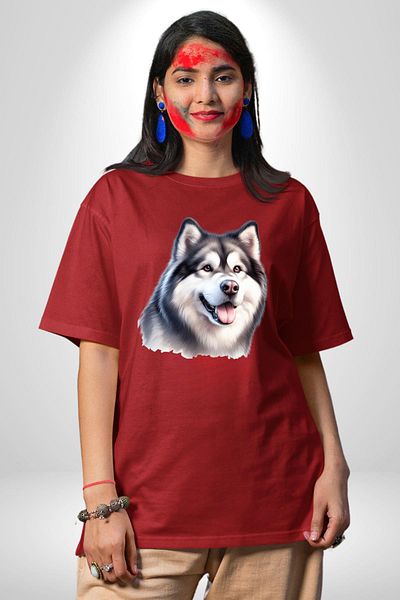 Angemiel Alaskan Malamute Dog Design Red Oversize Women's Men's Front Printed T-Shirt