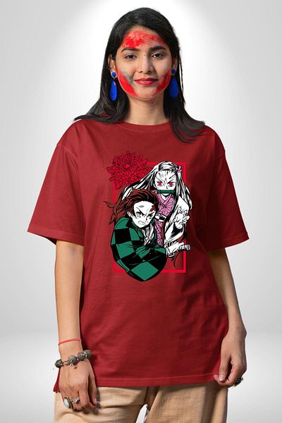 Angemiel Demon Slayer Anime Style Tanjiro and Nezuko Red Oversize Women Men Front Printed T-Shirt