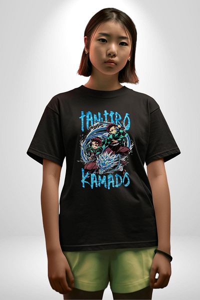 Angemiel Demon Slayer Tanjiro Water Breathing Fight Anime Black Oversize Women Men Front Printed T-Shirt