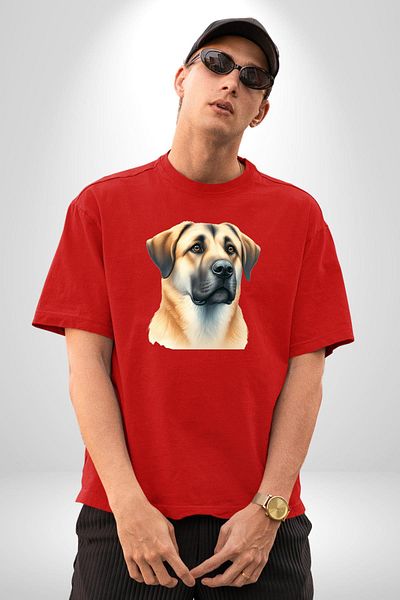 Angemiel Anatolian Shepherd Dog Kangal Faithful Dog Red Oversize Women's Men's Front Printed T-Shirt