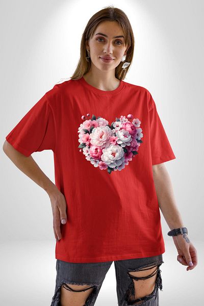Angemiel Peony Flower Arrangement Design Red Oversize Women's Men's Front Printed T-Shirt