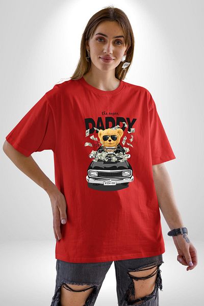 Angemiel Sugar Daddy Printed Stylish and Fun Design Red Oversize Women's Men's Front Printed T-Shirt