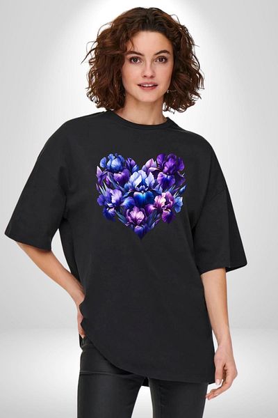 Angemiel Iris Flower Purple White Shades Elegance Black Oversize Women's Men's Front Printed T-Shirt