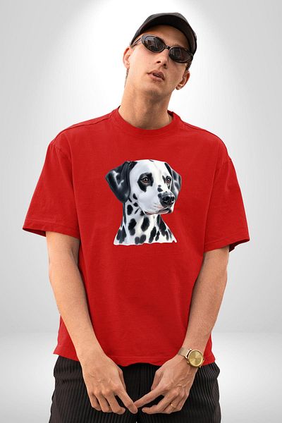 Angemiel Dalmatian Dog Red Oversize Women's Men's Front Printed T-Shirt
