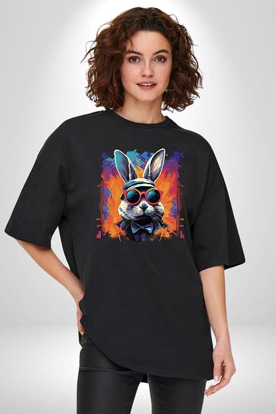 Angemiel Rainbow Party Glasses Bunny Black Oversize Women's Men's Front Printed T-Shirt