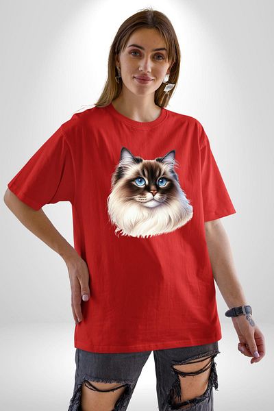 Angemiel Siberian Cat Red Oversize Women's Men's Front Printed T-Shirt