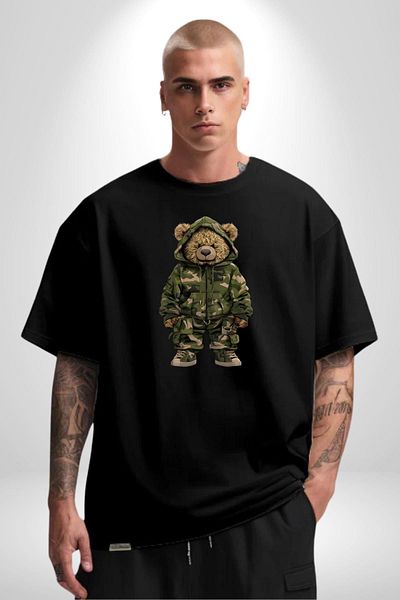 Angemiel Camouflage Patterned Teddy Bear Hoodie & Pants Set Black Oversize Women's Men's Front Printed T-Shirt
