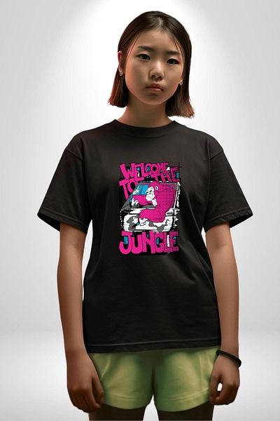 Angemiel Don'T Be Afraid, Come! Step into the Wild! Black Oversize Women's Men's Front Printed T-Shirt
