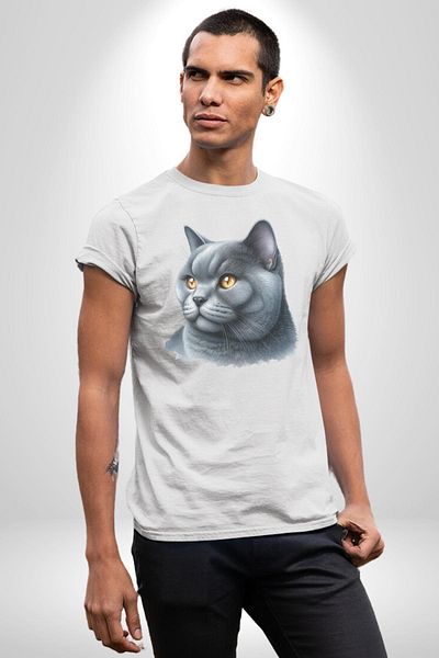 Angemiel تي شيرت مطبوع من الأمام للنساء والرجال باللون الأبيض من British Shorthair Cat