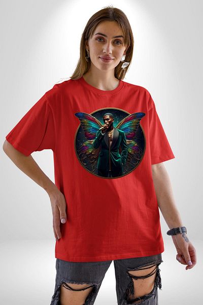 Angemiel Elegant Butterfly Microphone Winged Man Red Oversize Women's Men's Front Printed T-Shirt