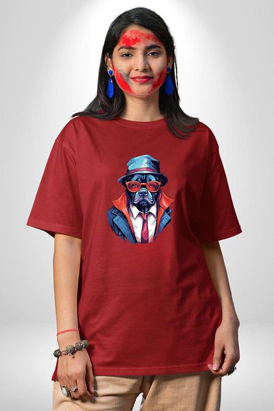 Angemiel Stylish Cool Suit Dog with Hat Red Oversize Women's Men's Front Printed T-Shirt