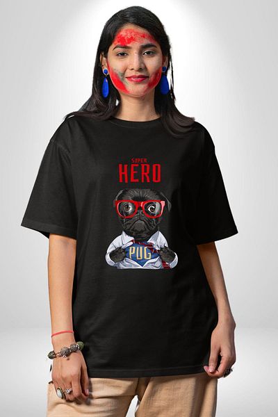 Angemiel Super Pug Hero Dog Black Oversize Women's Men's Front Printed T-Shirt