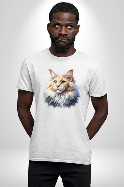 Angemiel تي شيرت مطبوع من الأمام للنساء والرجال باللون الأبيض من Maine Coon Cat