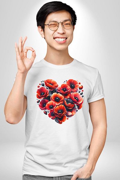 Angemiel تي شيرت Gelincik Flowers Growing with Love in Your Heart أبيض كبير الحجم للنساء والرجال مطبوع من الأمام