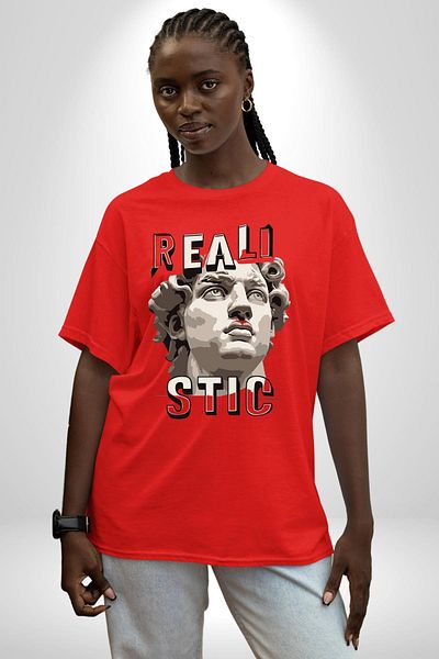 Angemiel Michelangelo David Statue Realistic Written Red Oversize Women's Men's Front Printed T-Shirt