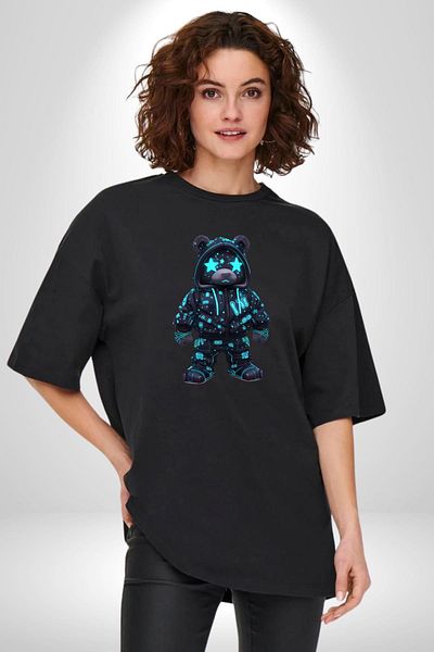 Angemiel Neon Night Glitter Cyberpunk Teddy Bear Black Oversize Women's Men's Front Printed T-Shirt