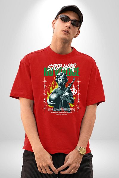 Angemiel Peace, Anti-Violence Special Design Red Oversize Women's Men's Front Printed T-Shirt