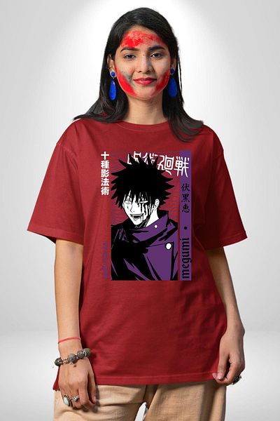 Angemiel Megumi Fushiguro Jujutsu Kaisen Anime Red Oversize Women Men Front Printed T-Shirt