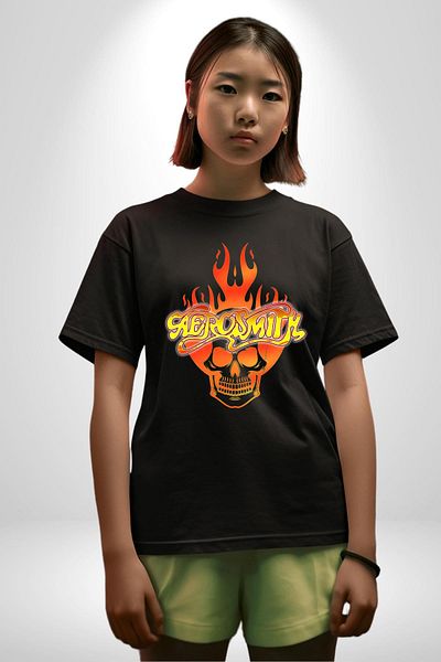Angemiel Aerosmith Fire Skull Black Oversize Women's Men's Front Printed T-Shirt