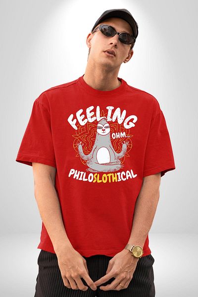 Angemiel Meditating Sloth Yoga Red Oversize Women's Men's Front Printed T-Shirt