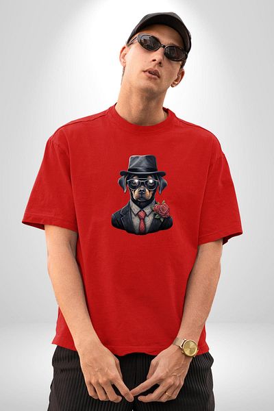 Angemiel Stylish Dog with Red Rose Suit Red Oversize Women's Men's Front Printed T-Shirt