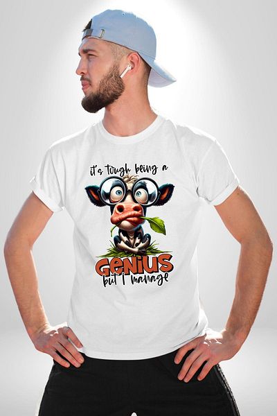Angemiel تي شيرت Zeki Cow Funny Genius Design أبيض كبير الحجم للنساء والرجال مطبوع من الأمام
