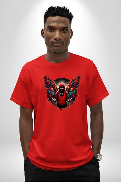 Angemiel Hip Hop Style Red Hooded Winged Men's Red Oversize Women's Men's Front Printed T-Shirt