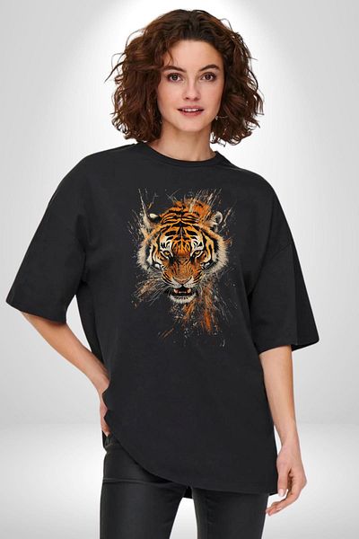 Angemiel Tiger's Fury Tiger Head Black Oversize Women's Men's Front Printed T-Shirt