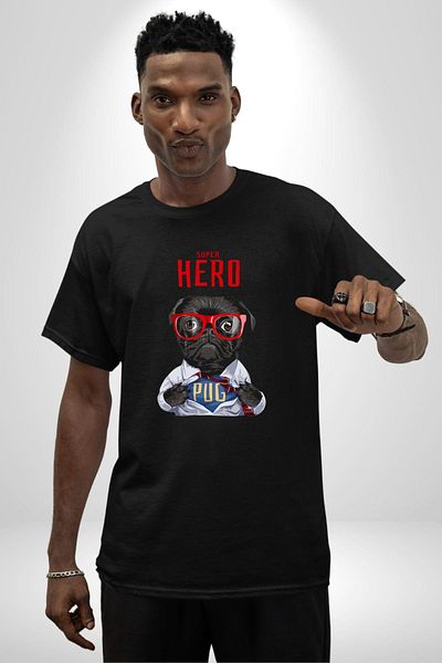Angemiel Super Pug Hero Dog Black Oversize Women's Men's Front Printed T-Shirt